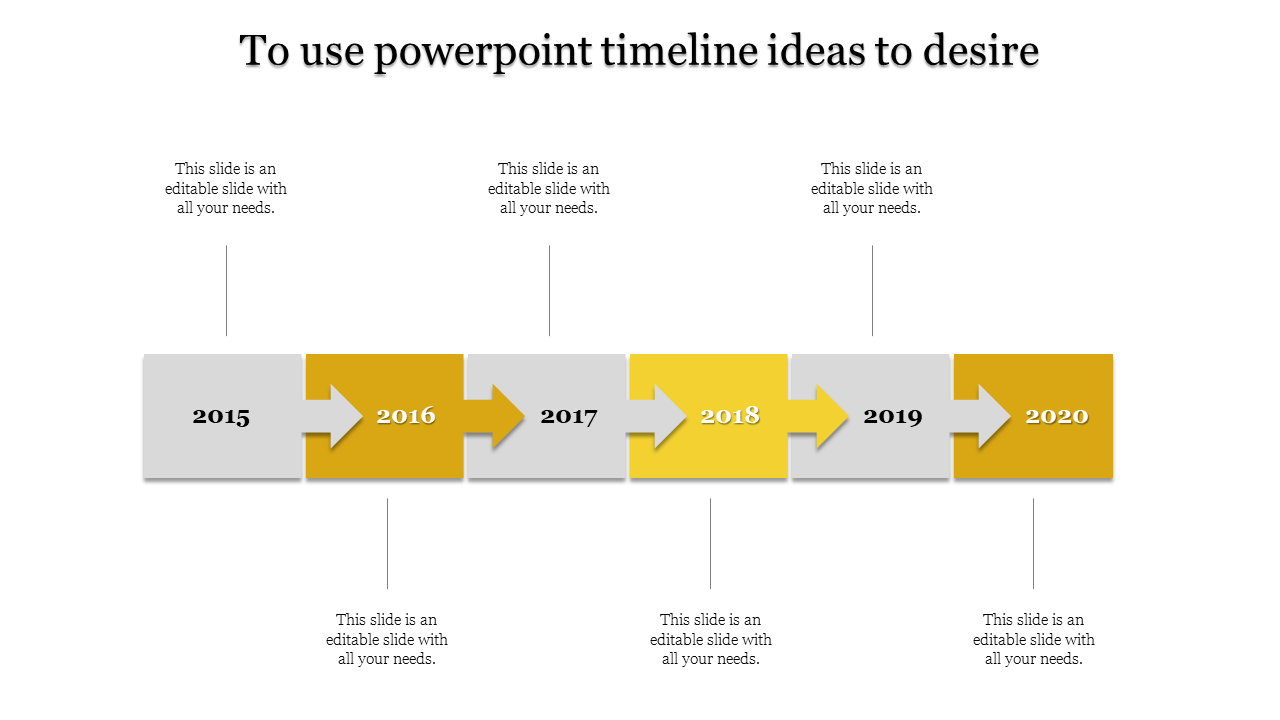 Timeline with yellow and gray arrows marking years 2015 to 2020, featuring space for text under each year.
