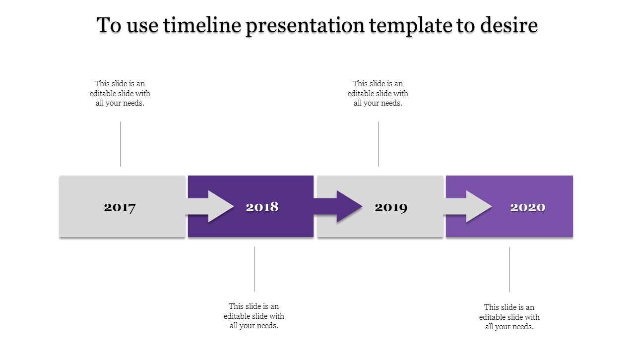 Timeline PowerPoint slide featuring years 2017 to 2020 with purple and grey milestones with placeholder text.