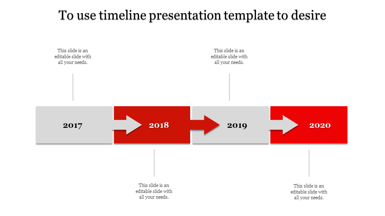 Horizontal timeline with red and gray arrows, representing years from 2017 to 2020, with text fields underneath.