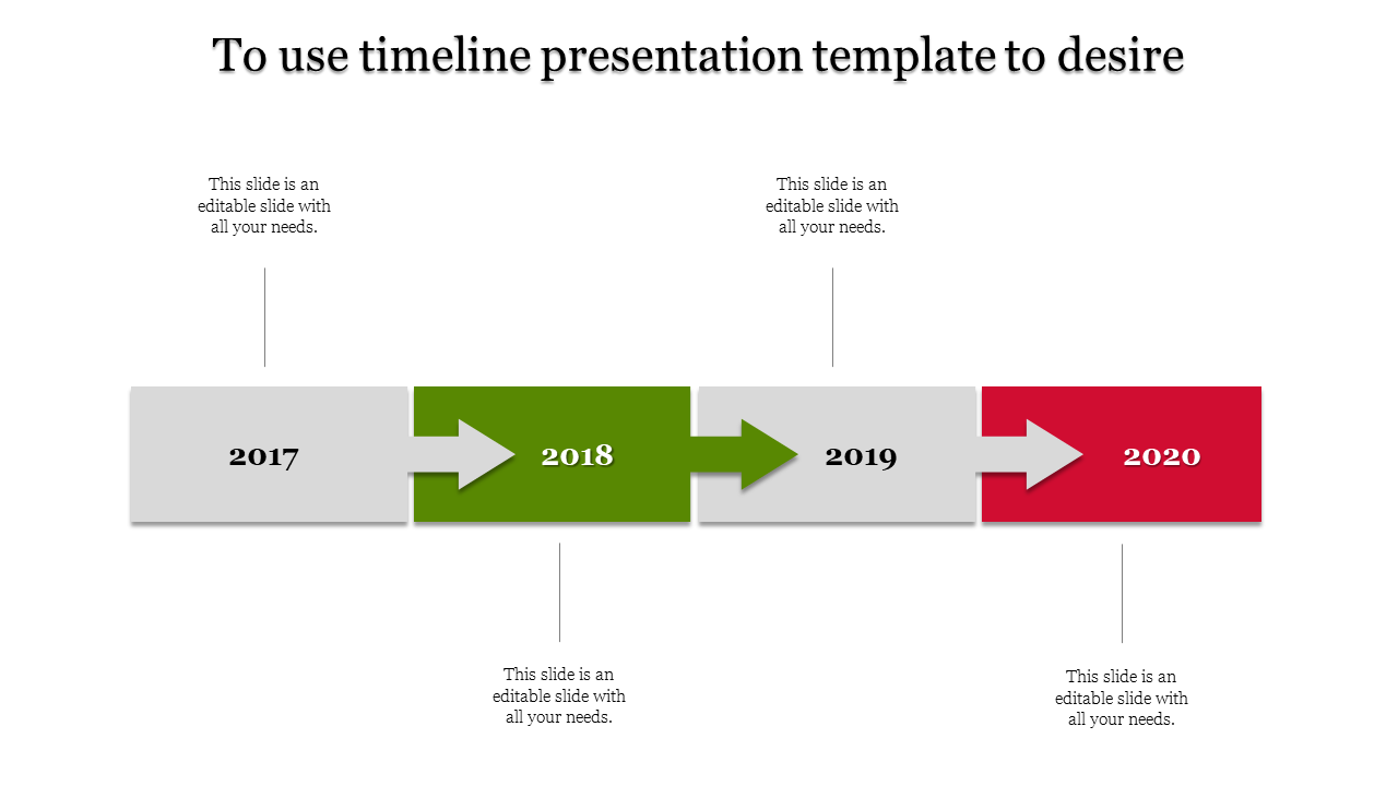 Timeline PowerPoint slide featuring years 2017 to 2020 with color coded milestones with placeholder text.