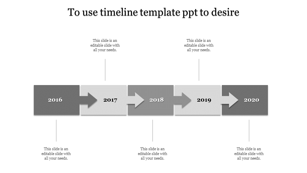 Timeline with gray arrows indicating years from 2016 to 2020, with text fields below and above each year.