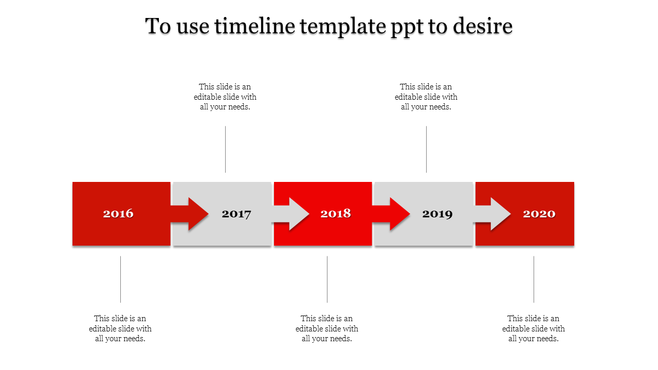 Five arrows in shades of red and gray showing the years 2016 to 2020, with space for text under each year.