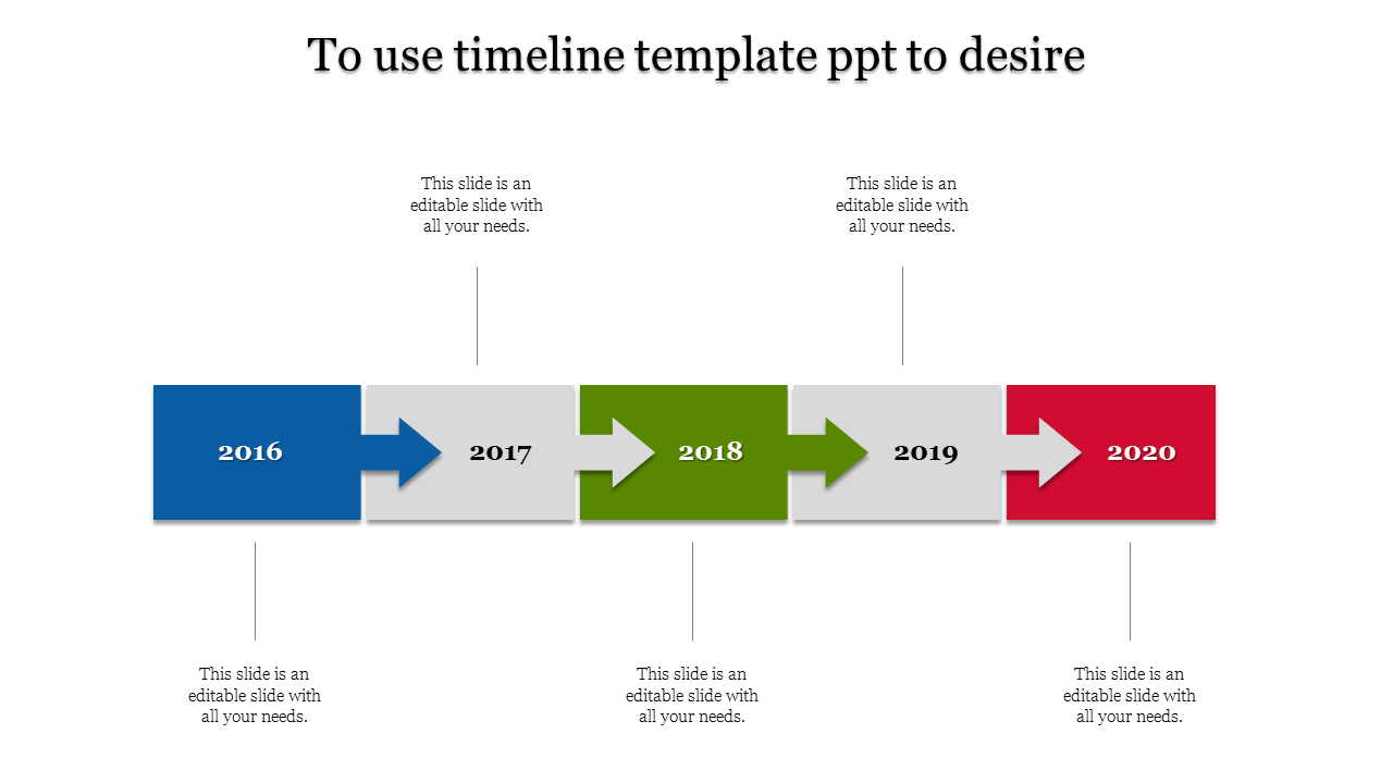 Timeline PowerPoint template showing years 2016 to 2020, with placeholder text and multi color arrows between each year.