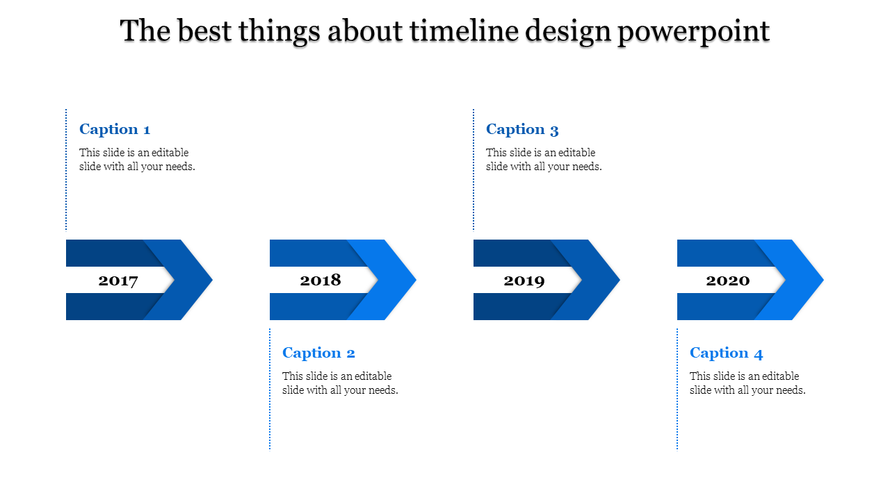 Timeline with blue arrows representing years 2017 to 2020, each with a caption and text space.