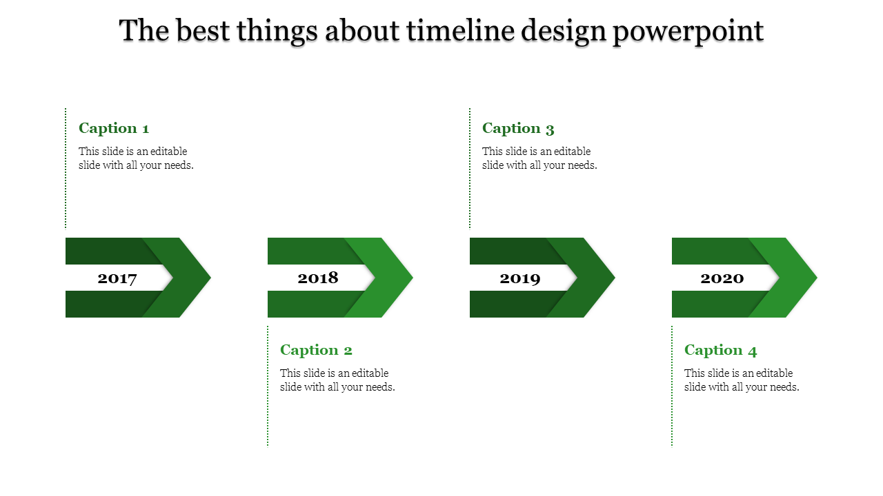 Timeline PowerPoint slide with green arrows representing the years 2017 to 2020, along with captions and placeholder text.