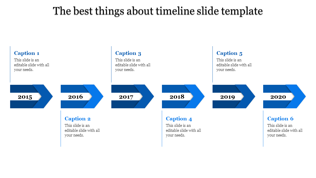 Timeline PowerPoint slide with blue arrows indicating years from 2015 to 2020, along with captions for each year.
