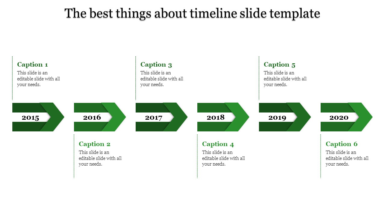 Horizontal red chevron timeline showing years 2015 to 2020 and placeholder text areas with dotted lines to captions areas.