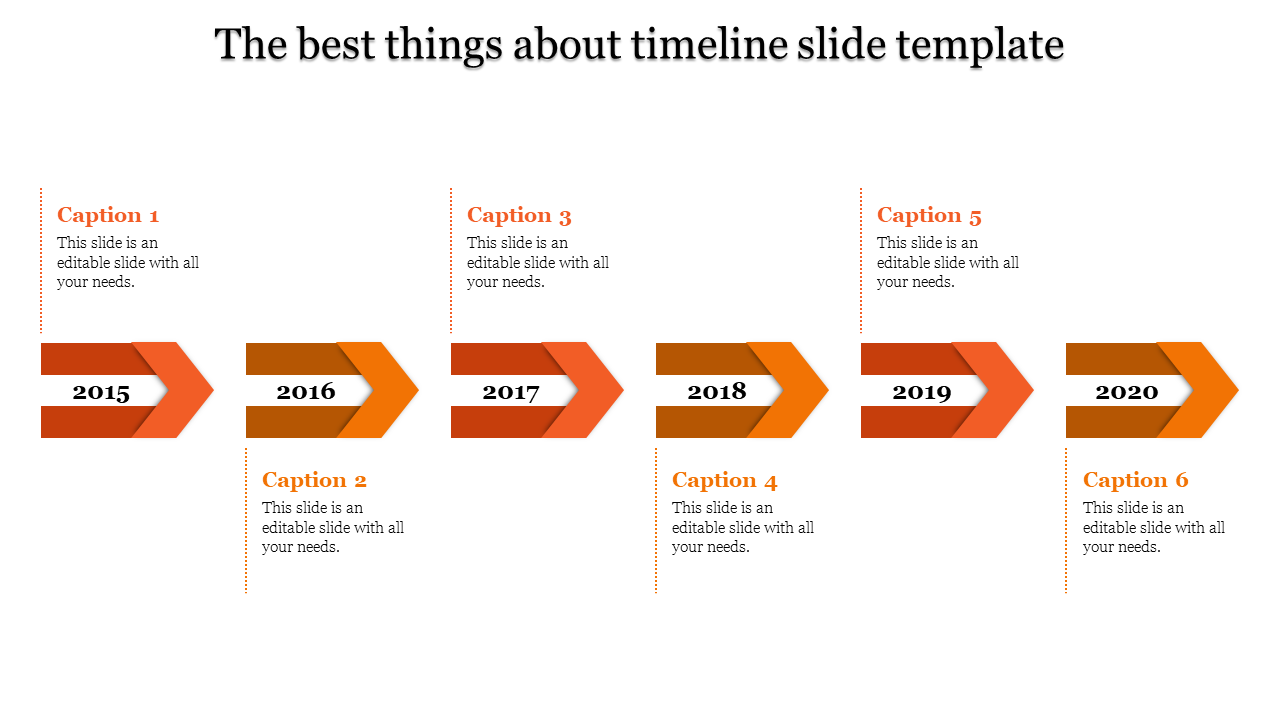 Timeline PowerPoint slide with orange arrows indicating years from 2015 to 2020, with corresponding captions.