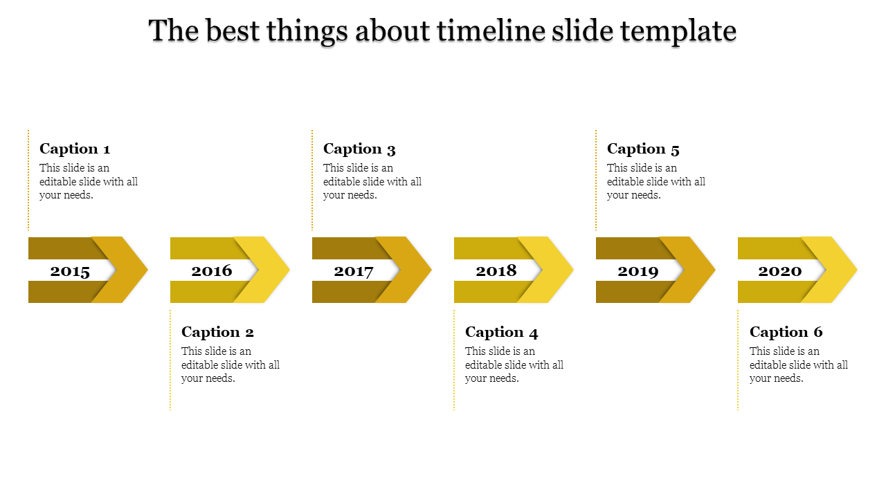 Timeline PowerPoint slide with yellow arrows indicating years from 2015 to 2020, with corresponding captions.