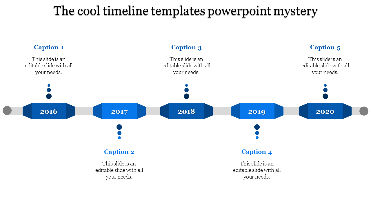Blue timeline with rectangular blocks for the years 2016 to 2020, connected by gray lines, with captions.