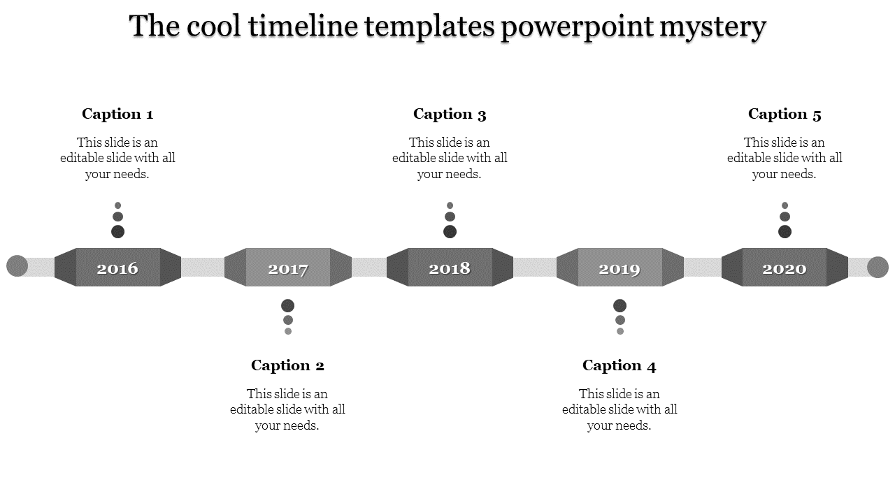 Horizontal timeline with purple hexagons marking years 2016 to 2020, connected by gray lines and dotted captions.