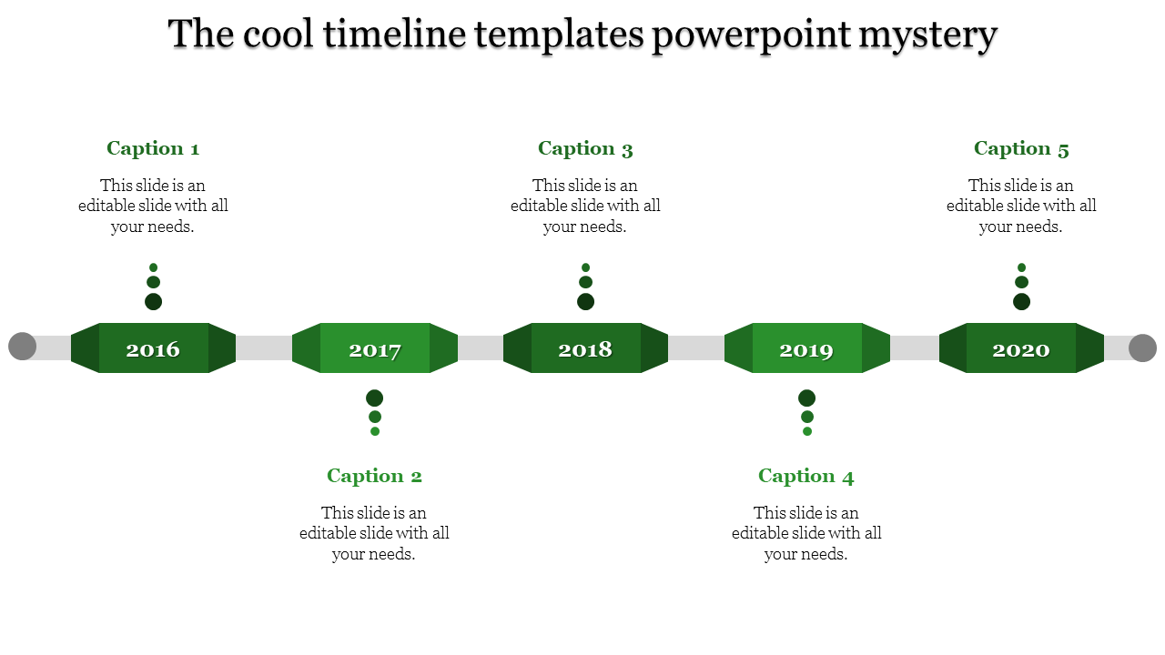 Timeline design slide with green markers indicating the years 2016 to 2020, featuring captions for each year.
