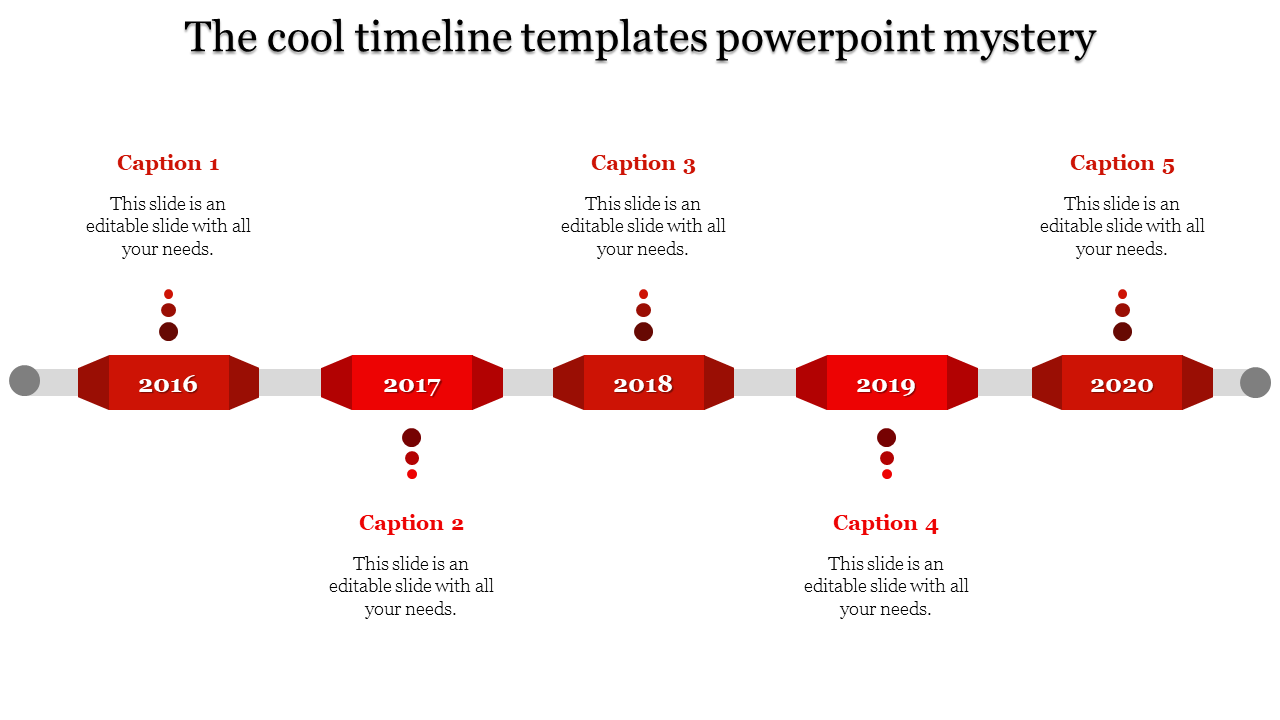 Timeline design slide with red markers indicating the years 2016 to 2020, featuring captions for each year.