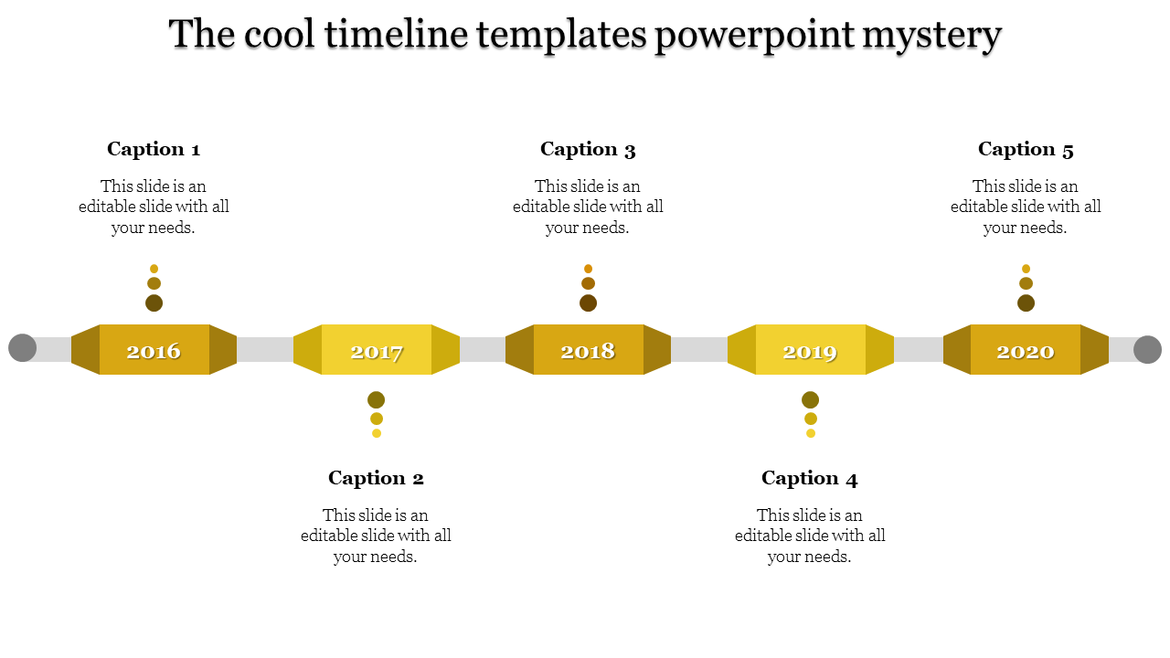 Series of five yellow timeline markers for the years 2016 to 2020, connected by gray lines, each with captions.