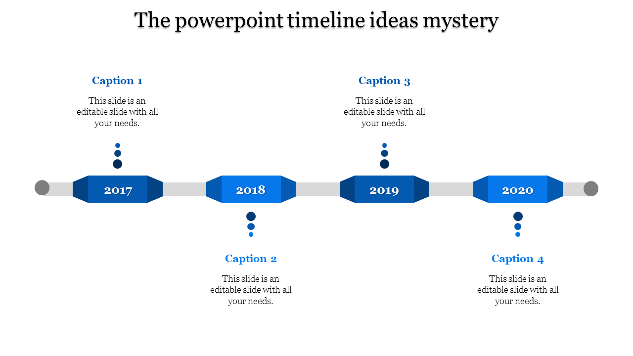 Timeline design featuring blue and gray markers for the years 2017 to 2020, accompanied by captions.