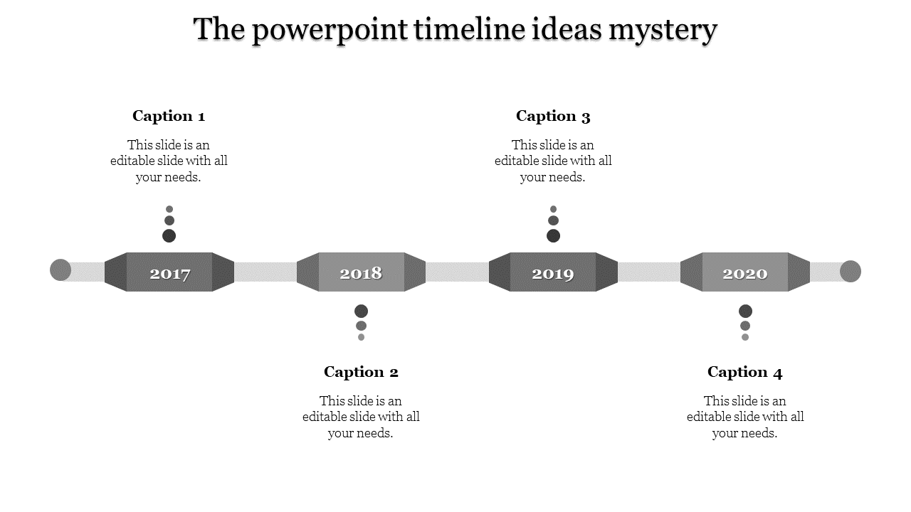 Timeline with gray rectangular blocks for years 2017 to 2020, connected by lines with captions above and below.