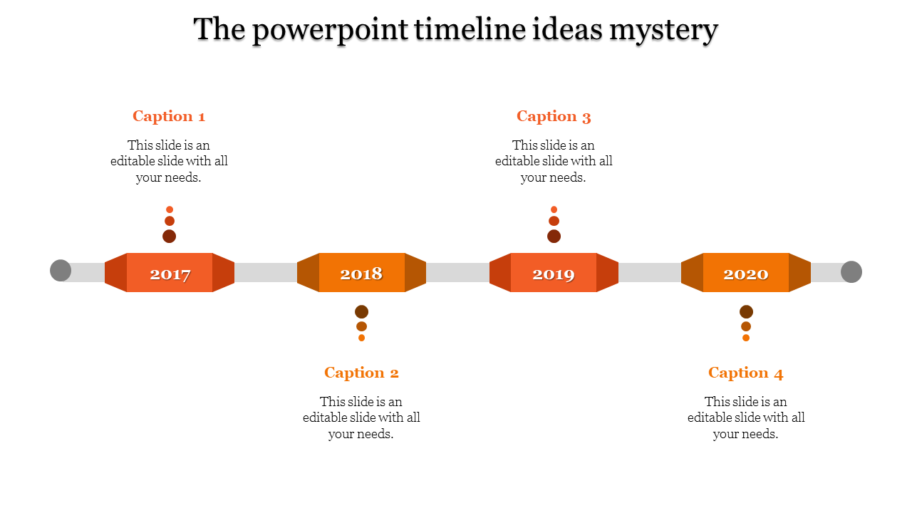 Cool Timeline template with orange color markers for the years 2017 to 2020, with corresponding captions.