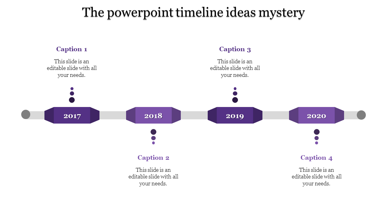 Purple timeline with rectangular blocks for the years 2017 through 2020, connected by gray lines and labeled with captions.