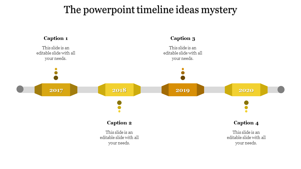 Cool Timeline template with yellow color markers for the years 2017 to 2020, with corresponding captions.