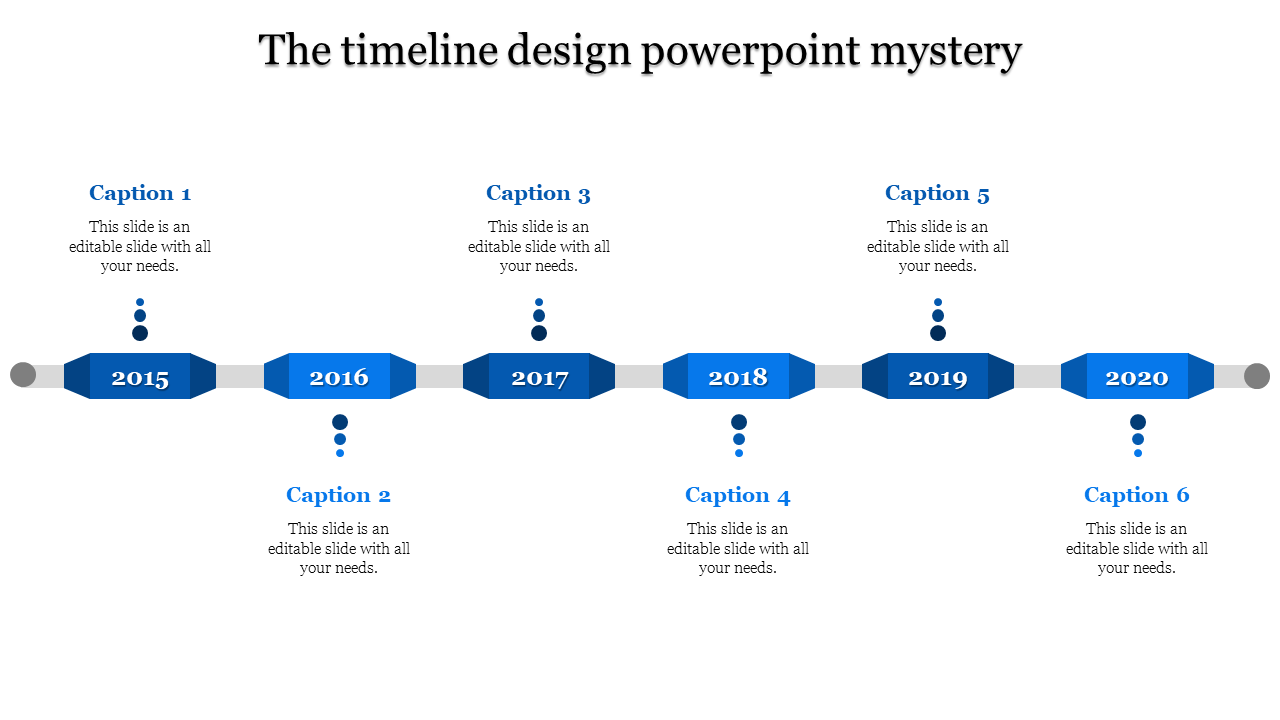 Timeline with blue rectangular blocks for each year from 2015 to 2020, connected by gray lines, and labeled with captions.