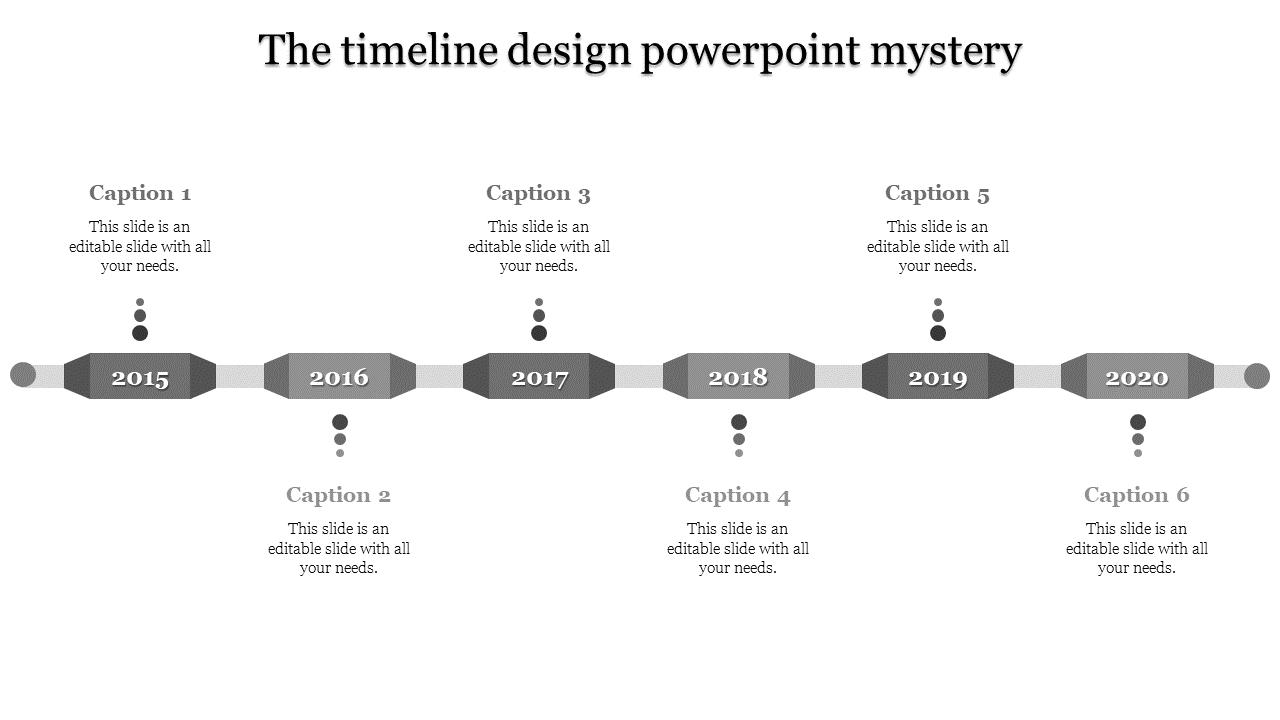 Timeline with gold and yellow hexagons for years 2015 to 2020, linked by gray connectors and dotted milestones.