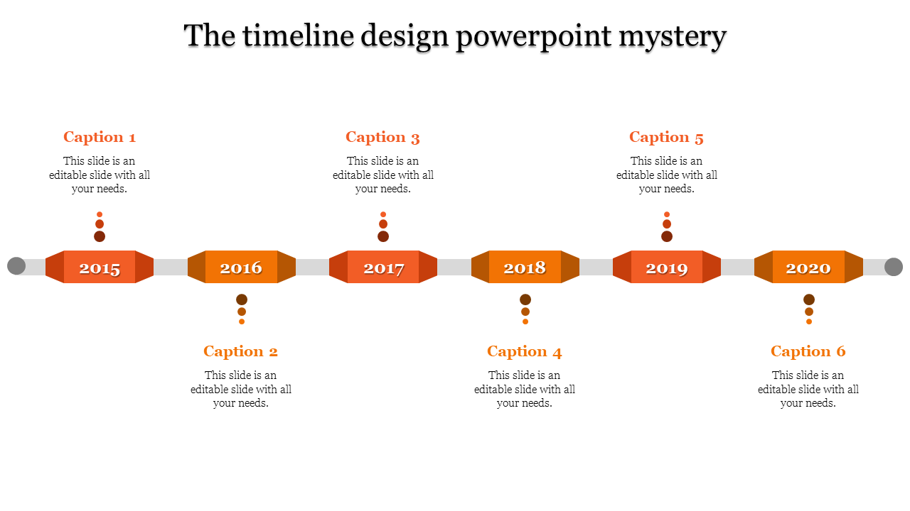Cool timeline template with orange color markers for 2015 to 2020, each with corresponding caption sections.