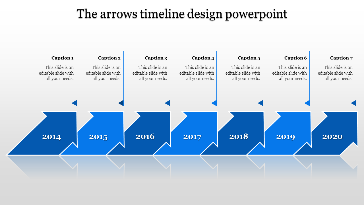 Timeline PPT slide design with blue arrows for the years from 2014 to 2020, each accompanied by caption fields.