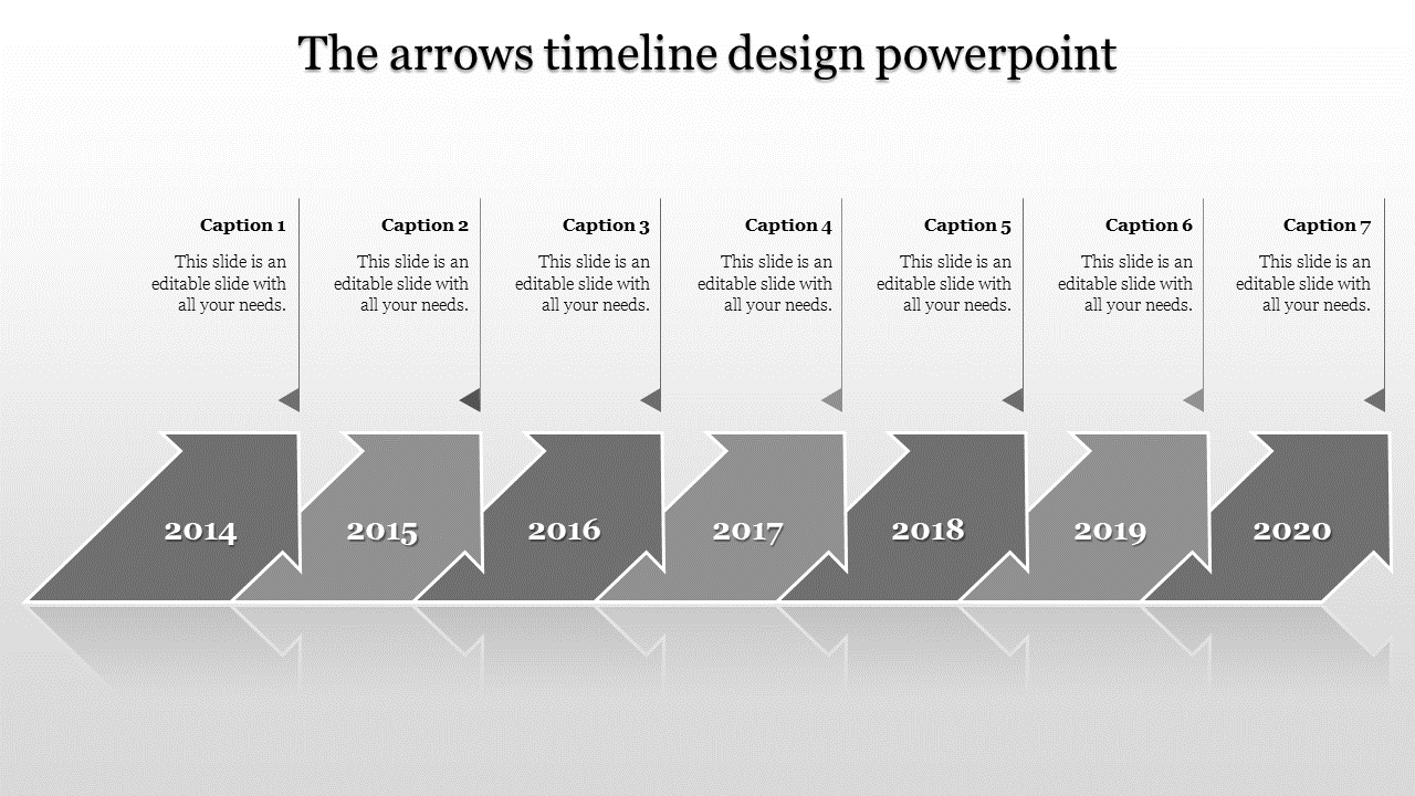 Timeline with gray arrows for the years 2014 to 2020, each with a corresponding caption box above.