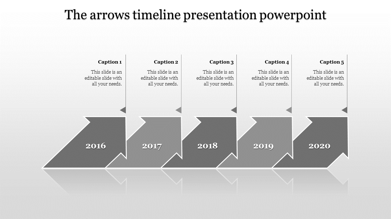 Timeline design slide with grey arrows marking the years 2016 through 2020, featuring space for captions.