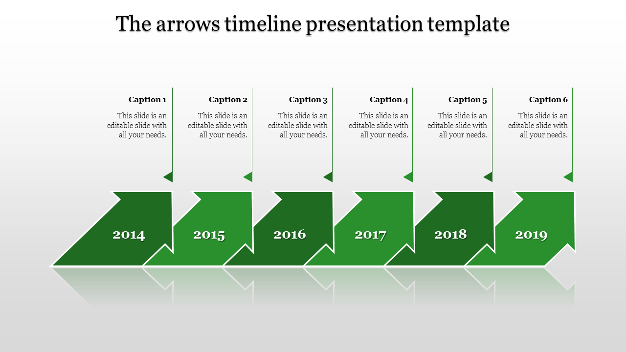 Horizontal timeline with seven red arrows showing years 2014 to 2019, each topped with caption boxes aligned vertically.