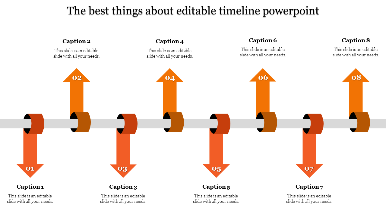 Eight-step timeline with colorful arrows labeled 01 to 08 pointing above and below a horizontal gray line.