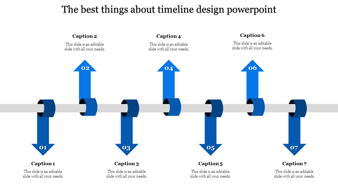 Timeline diagram with alternating purple arrows, with caption areas numbered 01 to 07 along a central gray line.