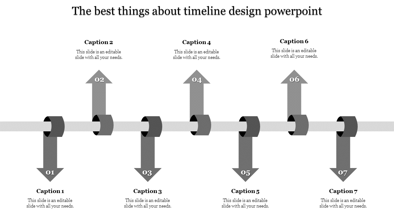 PowerPoint template with a grey arrows timeline design, showing seven years with numbered sections and captions.