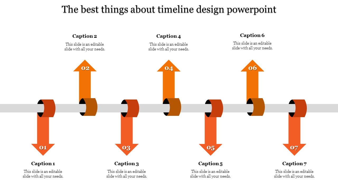 Timeline with seven orange arrows pointing up and down, connected by circular links on a grey bar.
