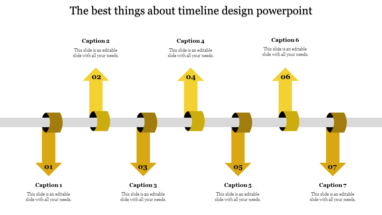 Seven yellow arrows pointing upwards and downwards, with circular links, displayed along a grey timeline.