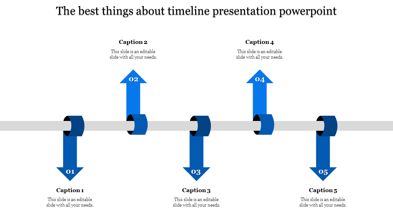 Timeline template featuring five alternating blue arrows on a gray bar, each linked to a captions up and down.