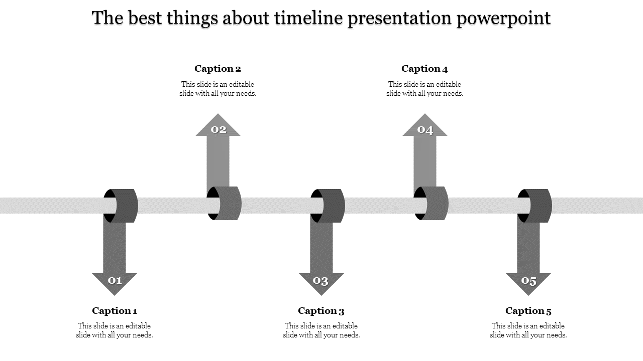 Timeline diagram showing five purple arrows numbered 01 to 05 along a central gray line.