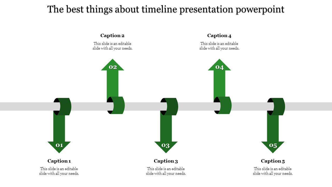 A green themed timeline PowerPoint design featuring five arrows, each with text sections for caption descriptions.