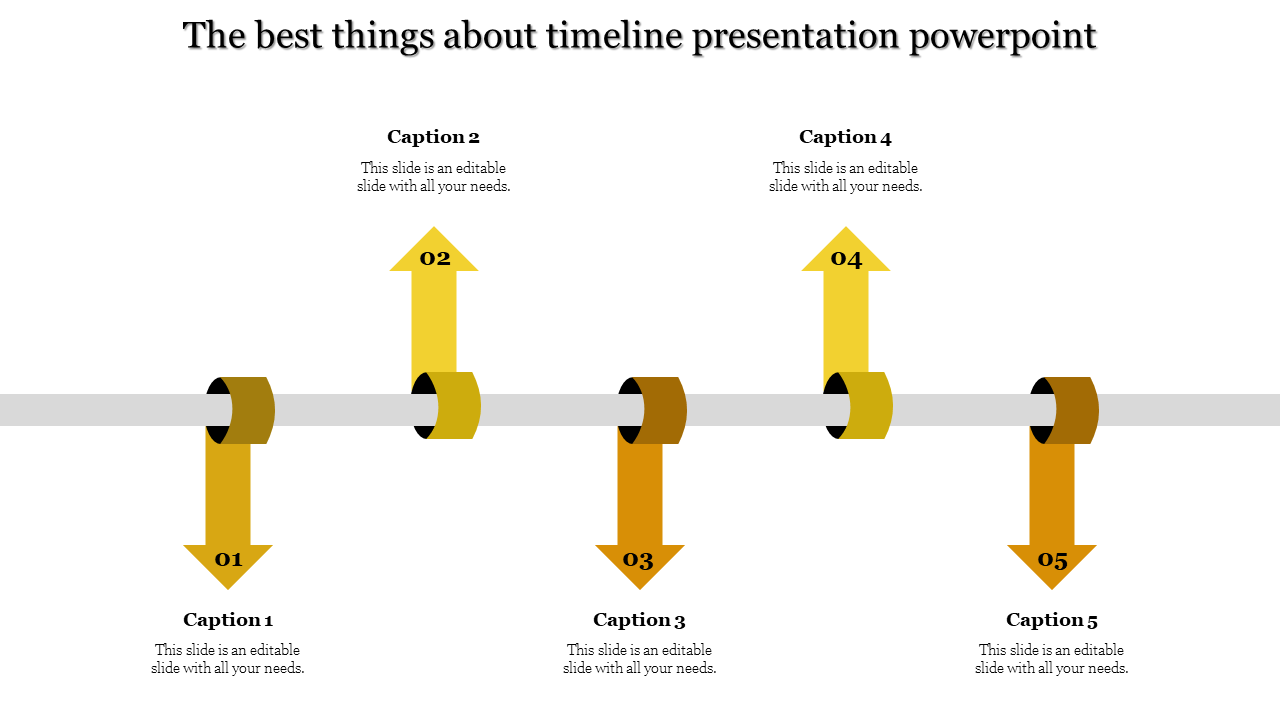 Visually appealing timeline with five yellow arrows curving around a horizontal bar, pointing to key steps in a sequence.