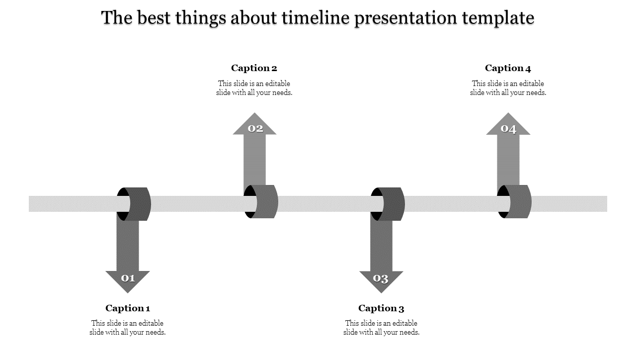 A timeline design template featuring five grey arrows pointing upward and downward with numbered steps and captions.