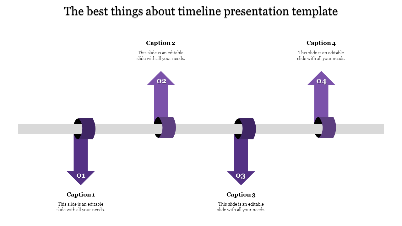Horizontal timeline with four multicolored arrows numbered 01 to 04, connected to caption boxes above and below.