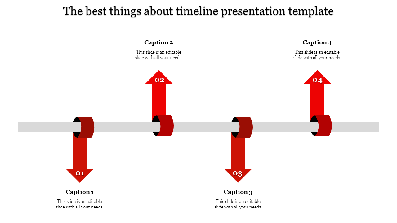 A timeline design template featuring red arrows pointing upward and downward with numbered steps and captions.