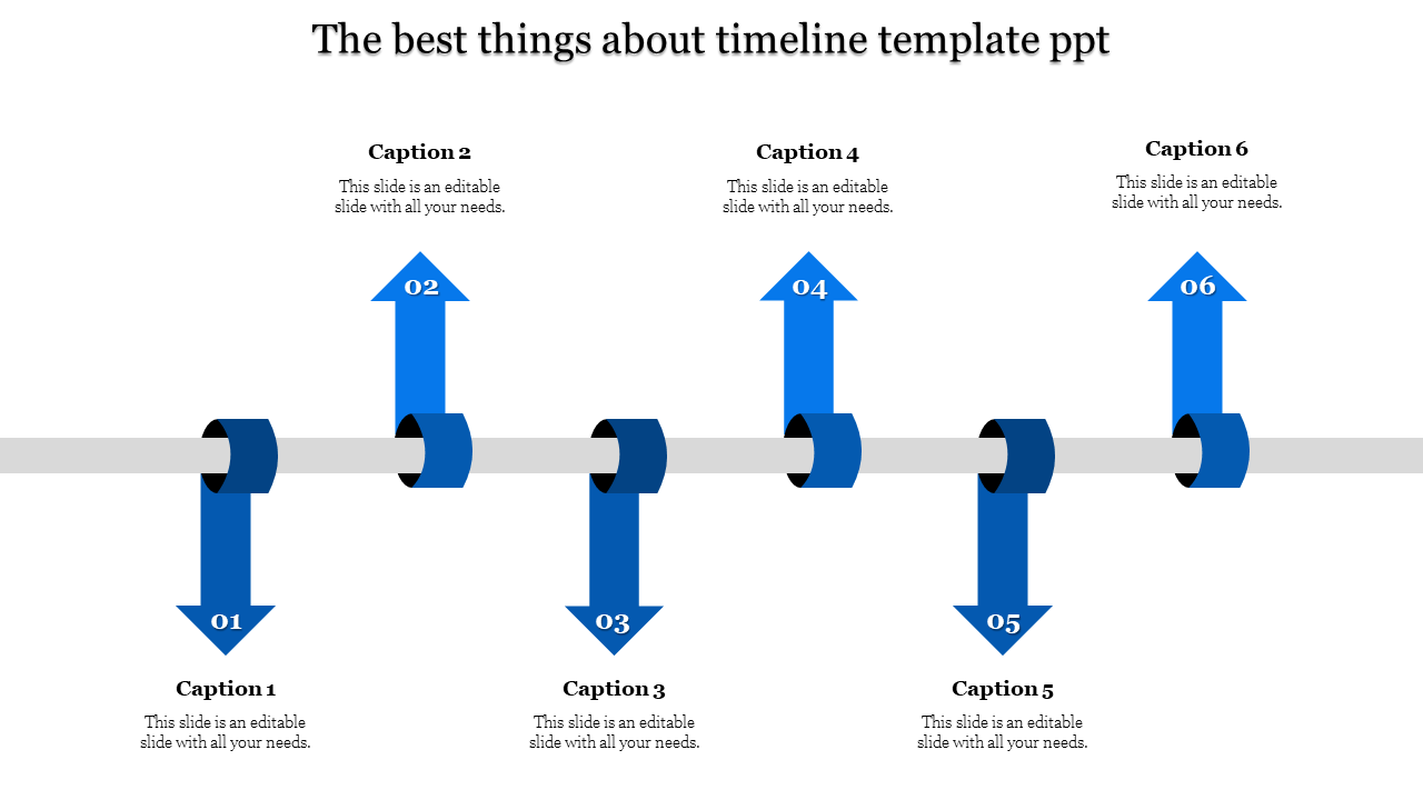 Horizontal timeline featuring six evenly spaced vertical arrows in blue, each with numbered labels and caption areas.