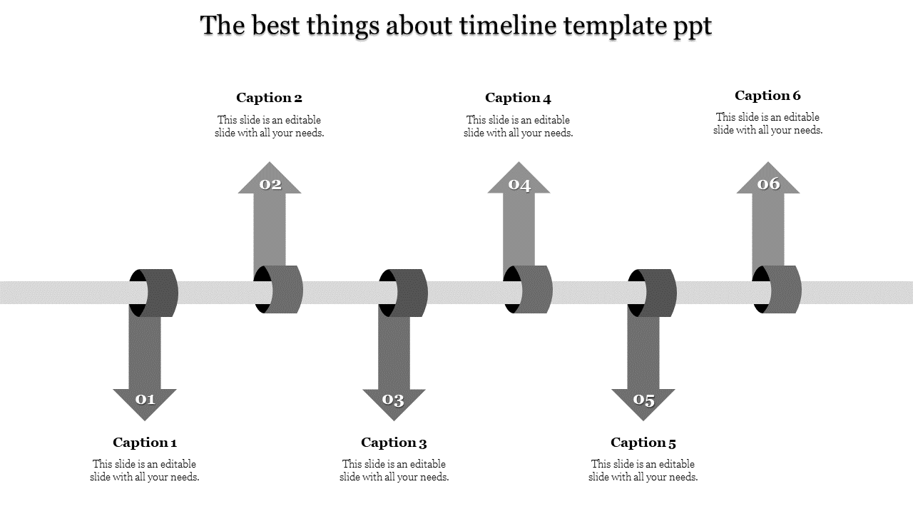 A modern timeline PowerPoint template with six steps, using gray arrows for each stage with captions.