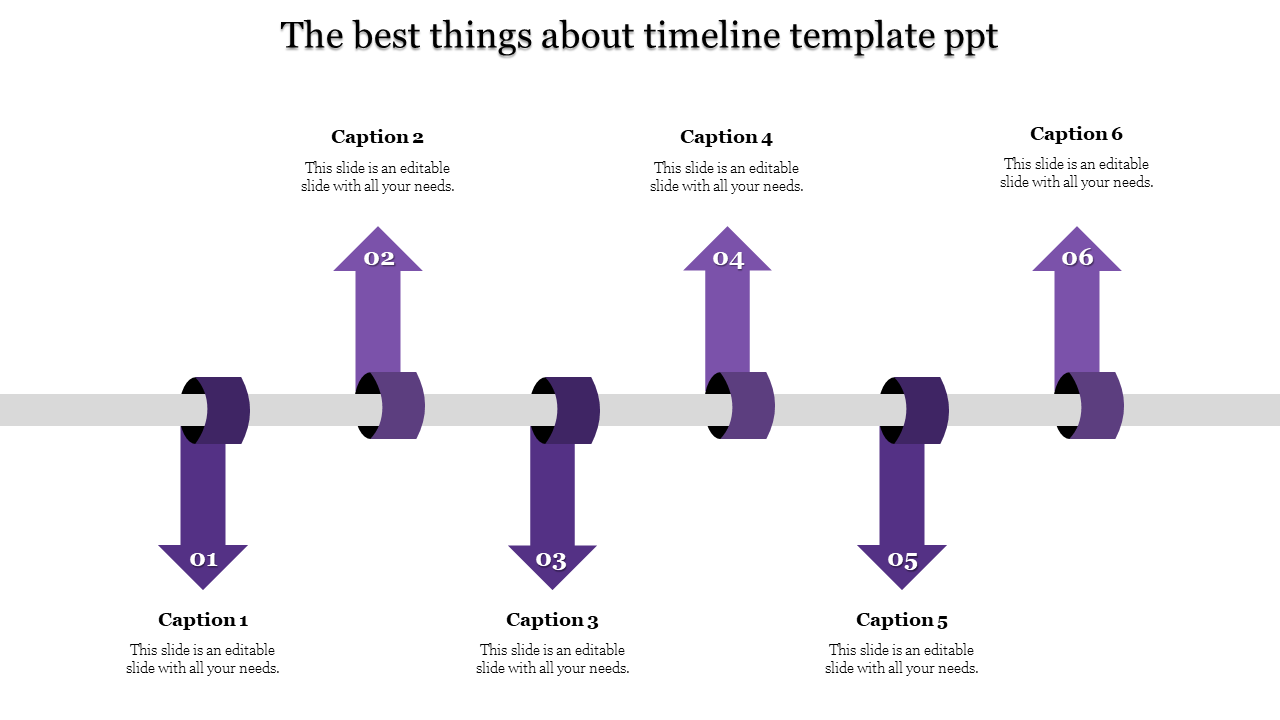 A purple and gray timeline design template with six steps, marked with numbered arrows and captions.