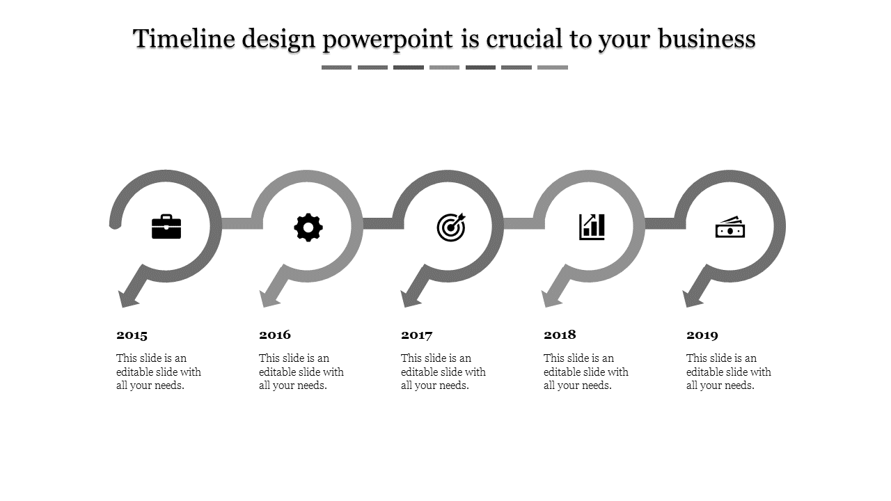 Gray toned timeline with arrows and icons, representing years 2015 to 2019, each marked by a unique icon.