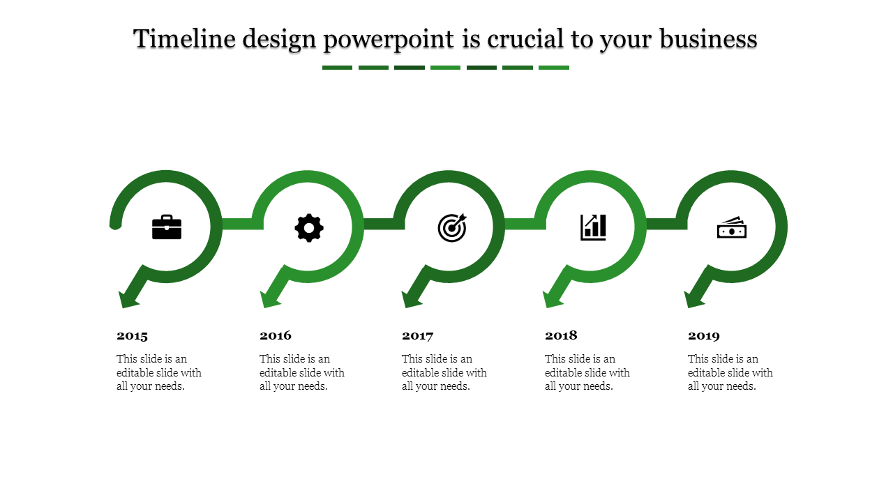 Business timeline slide featuring red colorful arrow shapes, caption areas and icons for each milestone.