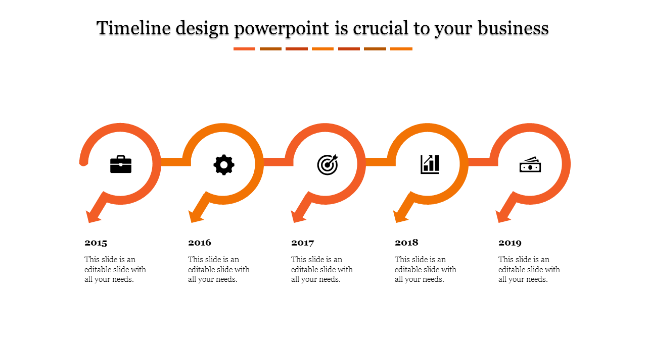 A orange themed timeline PowerPoint design with arrows for the years 2015 to 2019, featuring business related icons.