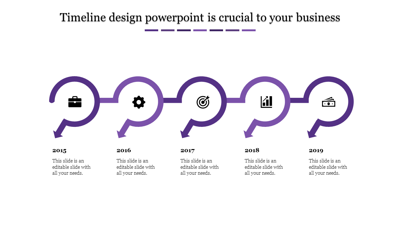 Purple themed timeline with arrows and icons indicating business steps over five years, from 2015 to 2019.