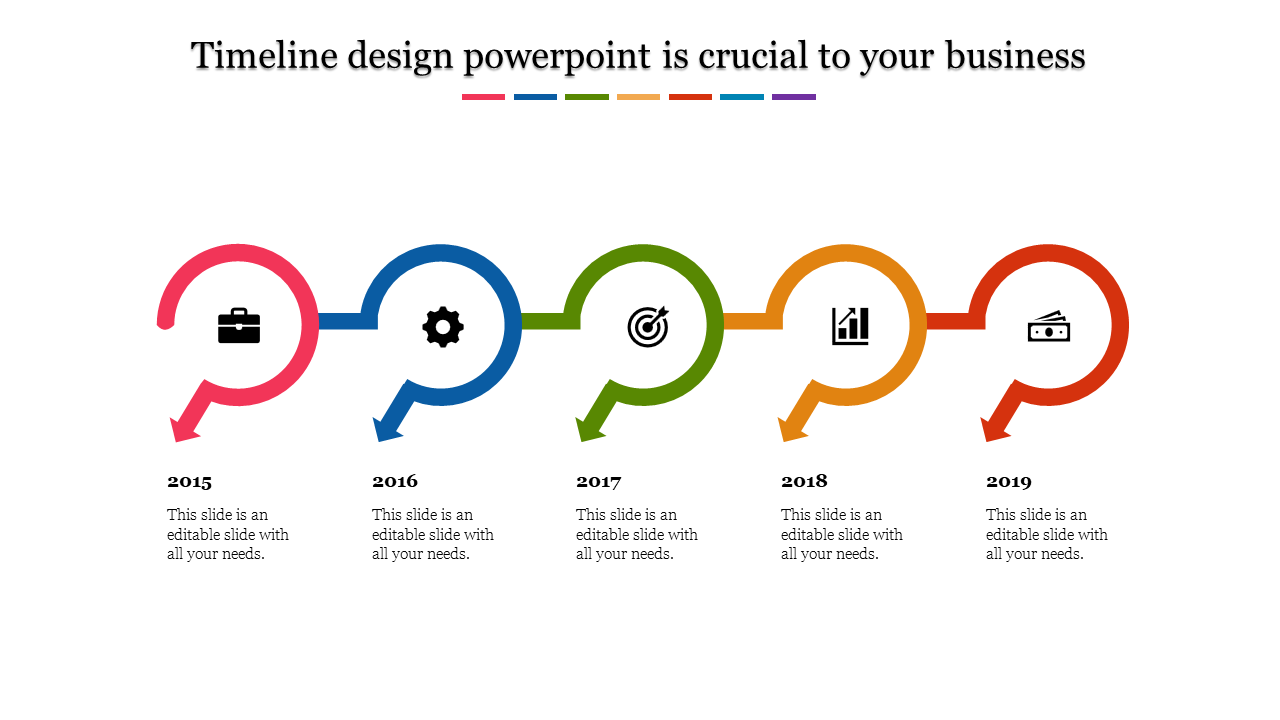 Horizontal timeline with vibrant circular arrows in pink, blue, green, orange, and red, each marking a different year.